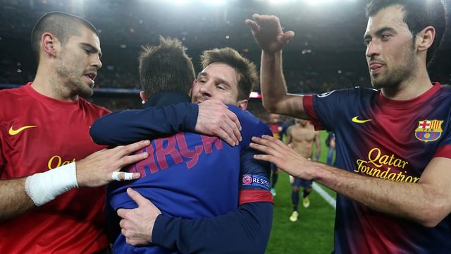 Messi, Valdés und Busquets nach dem Aufstieg gegen den AC Milan