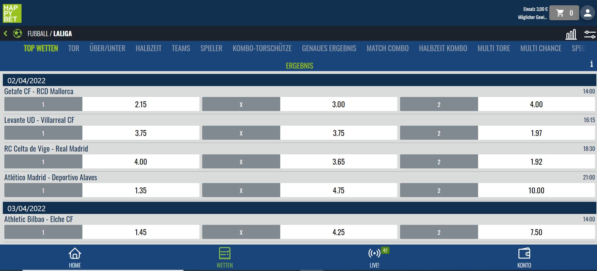 Die Sportwetten für La Liga beim Buchmacher HappyBet.